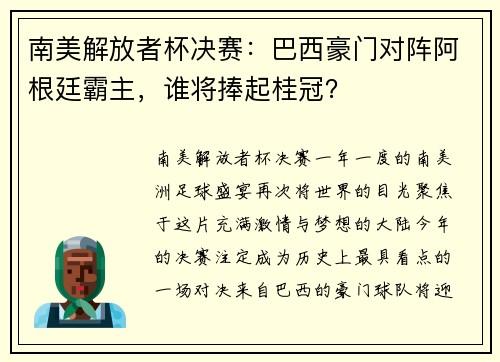 南美解放者杯决赛：巴西豪门对阵阿根廷霸主，谁将捧起桂冠？